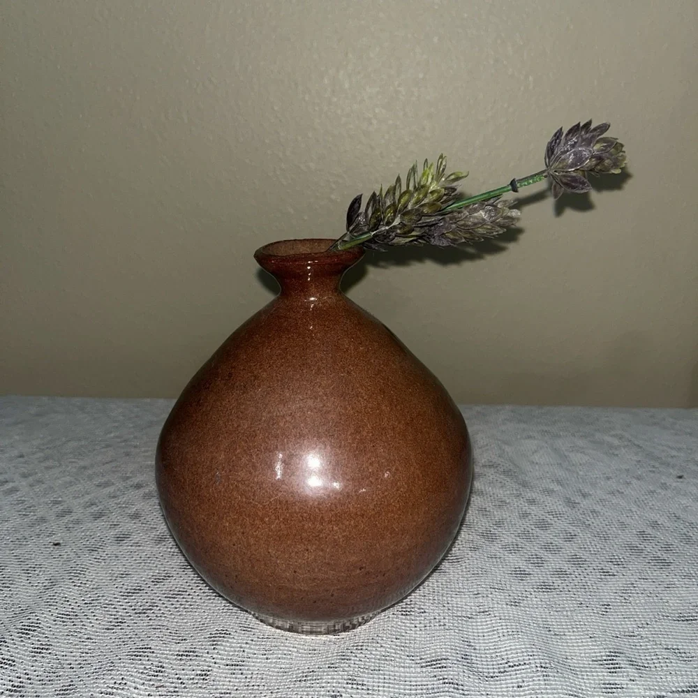Vintage Signed Carmel Brown Bud Vase Glazed Pottery